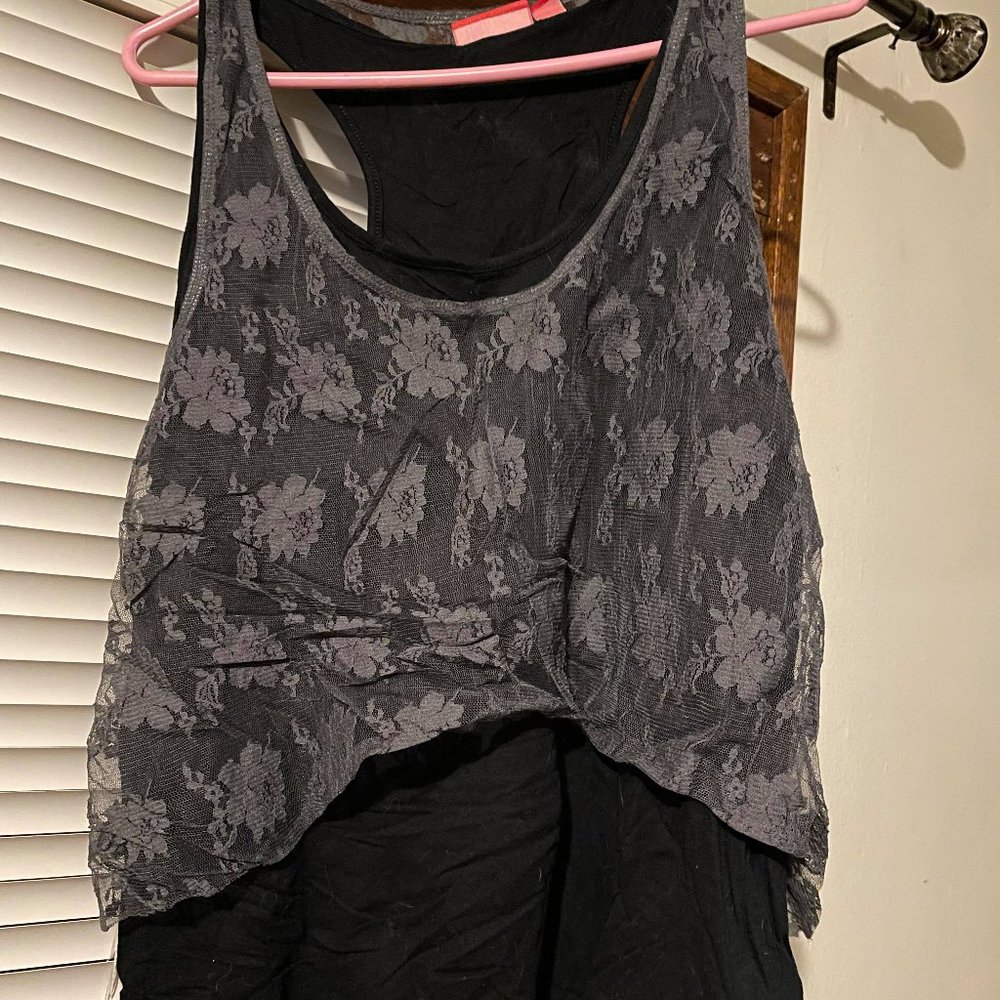 Elle Black Tank Top with Grey Lace Overlay
